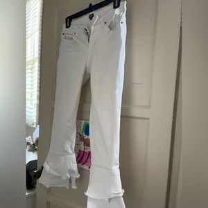 White cropped ruffle hem denim